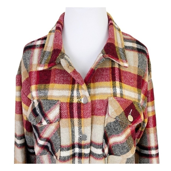 Womens Plaid Button Front Shirt Jacket Shacket Large Tan Black Red EUC - Picture 2 of 8